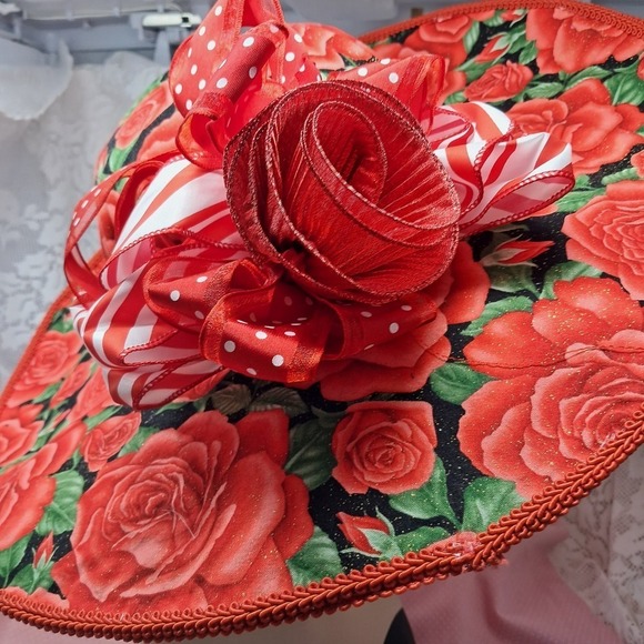 Floral Derby Hat Wide Brim Red Rose Ribbon Accent Church Kentucky Derby - Picture 5 of 6